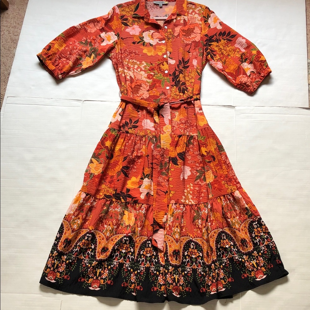 Autumn Floral Print Figueroa & Flower Drop Waist Tiered Maxi Dress Size L